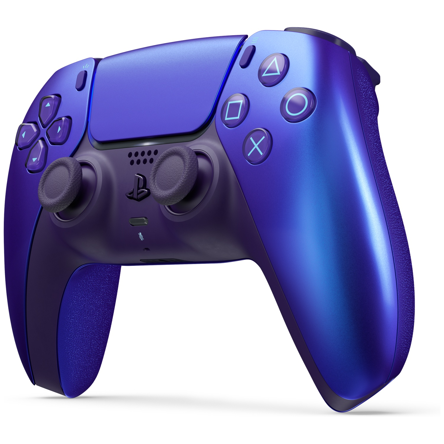 Een paarse en blauwe gamingcontroller met zilveren knoppen en twee joysticks.
