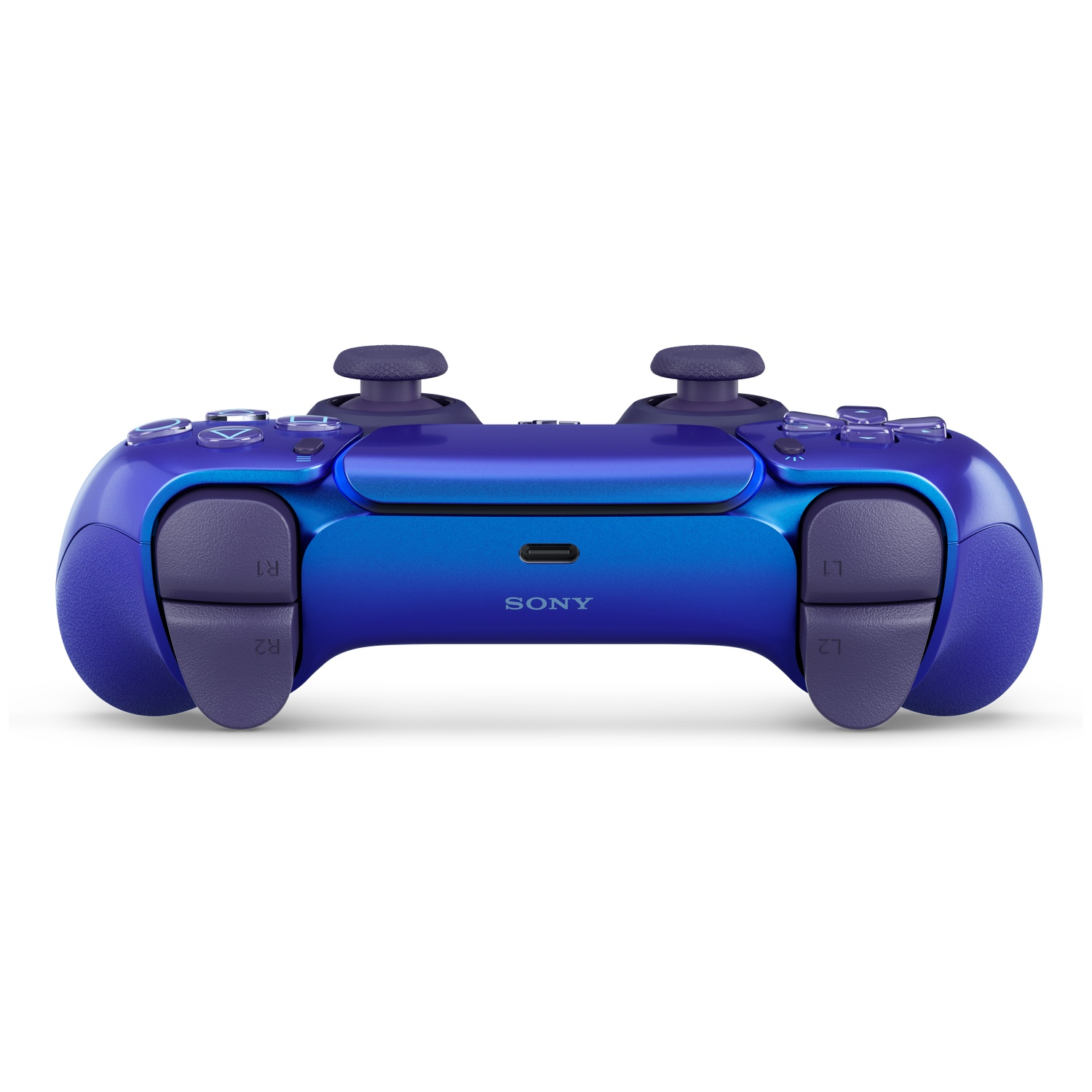 Een blauwe en paarse PS5-controller met grijze knoppen.