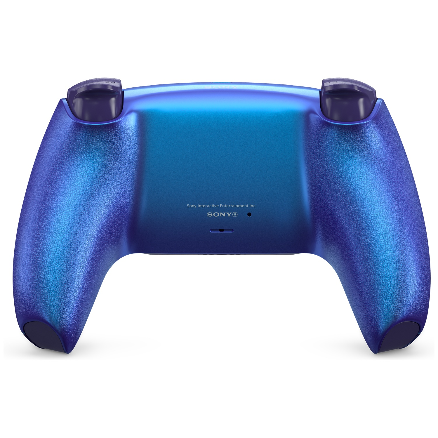 Blauwe metallic controller achterkant, met Sony logo en knoppen.