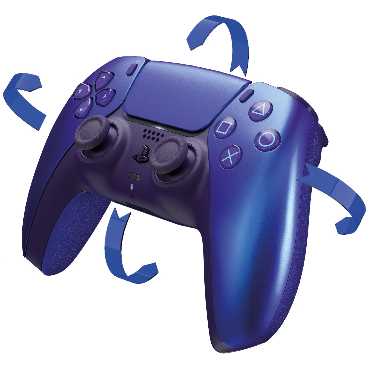 Blauwe gradiënt gamecontroller met pijlen die beweging aangeven.