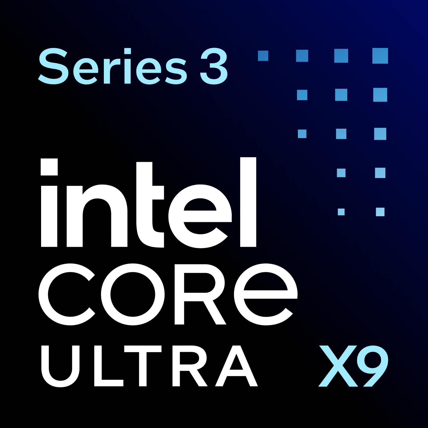 Logo Intel Core Ultra X9 Série 3 avec carrés bleus sur fond sombre.