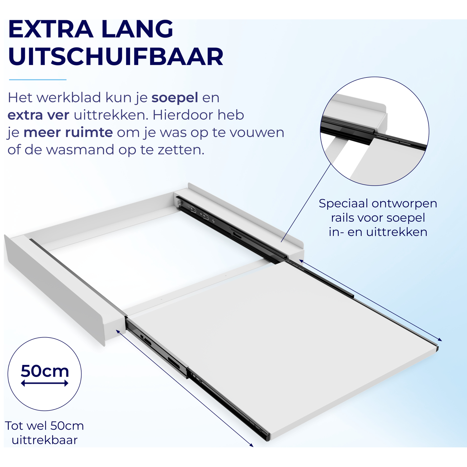 Uitschuifbaar werkblad op rails, tot 50cm uitschuifbaar.