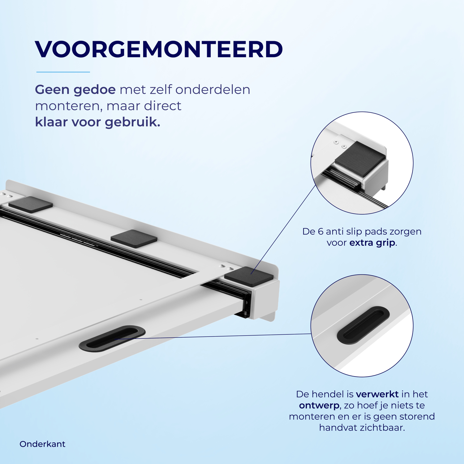 Voorgemonteerd: Geen montage nodig. Met antislip pads en geïntegreerde handgreep.