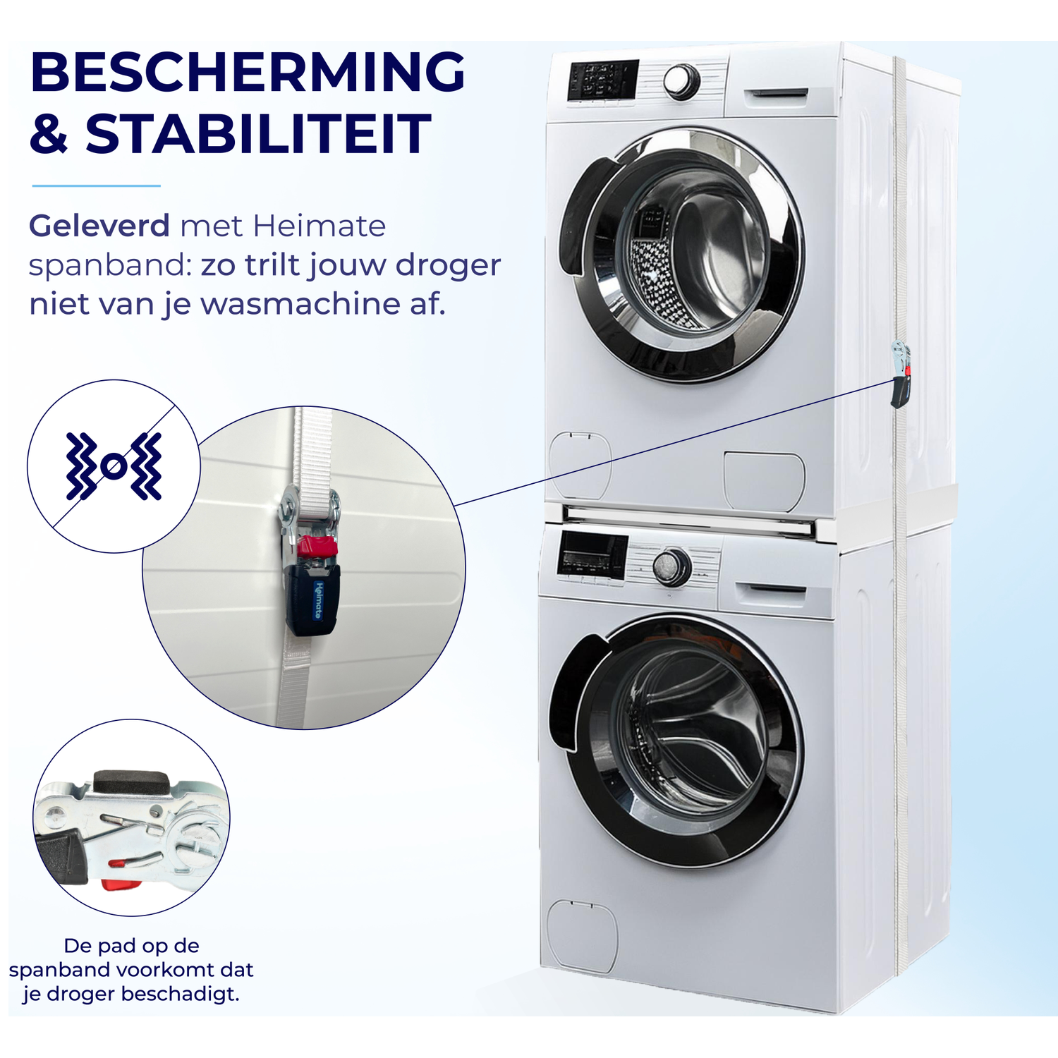 Wasmachine en droger vastgezet met spanband. Close-up van spanbandmechanisme.