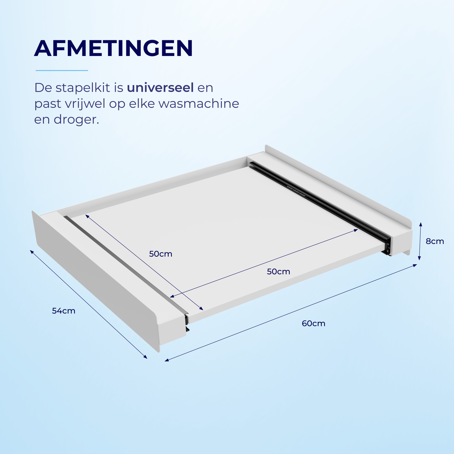 Een witte stapelbox met afmetingen 54x60x8cm en een 50cm laadoppervlak.