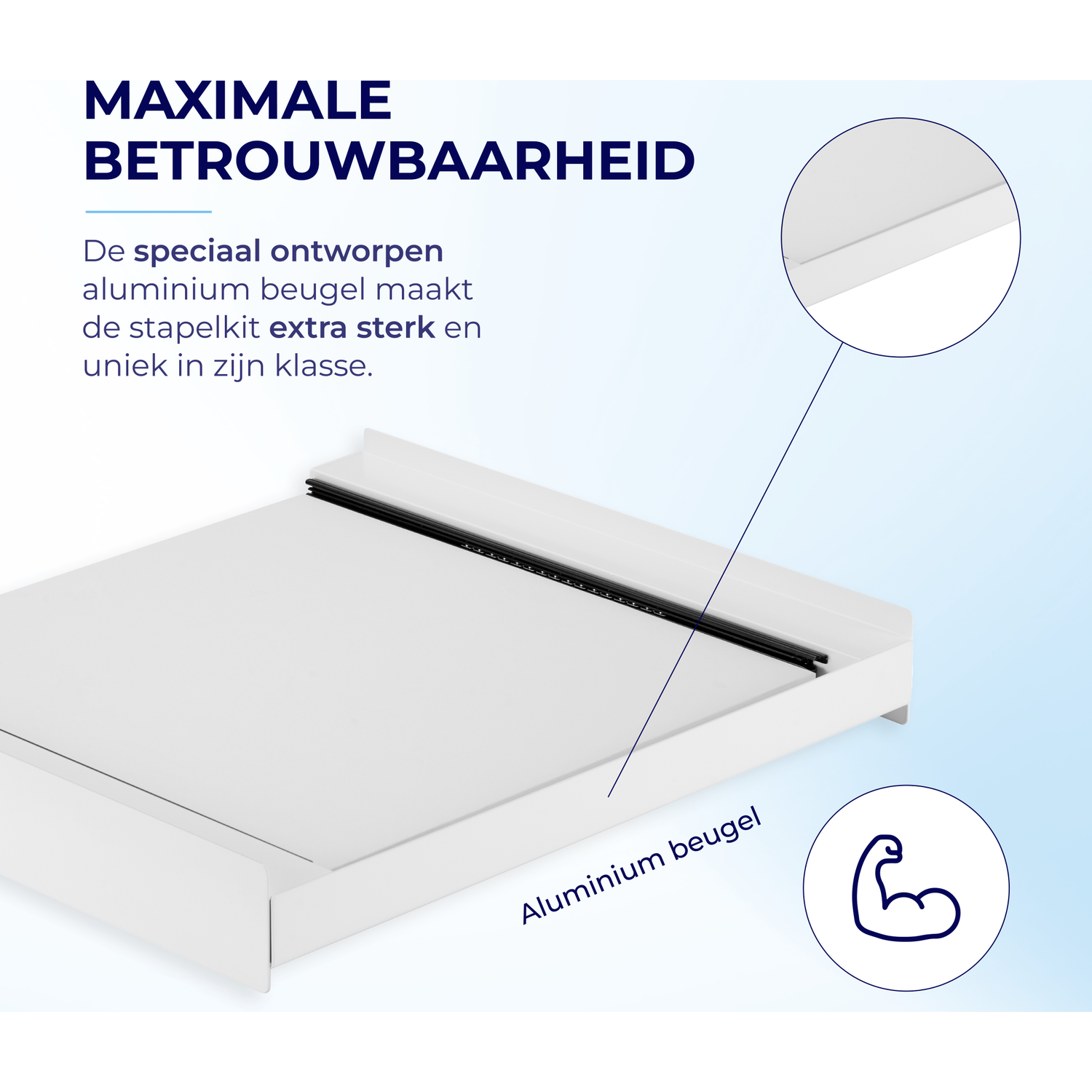 Een witte aluminium stapelkit met tekst over maximale betrouwbaarheid.