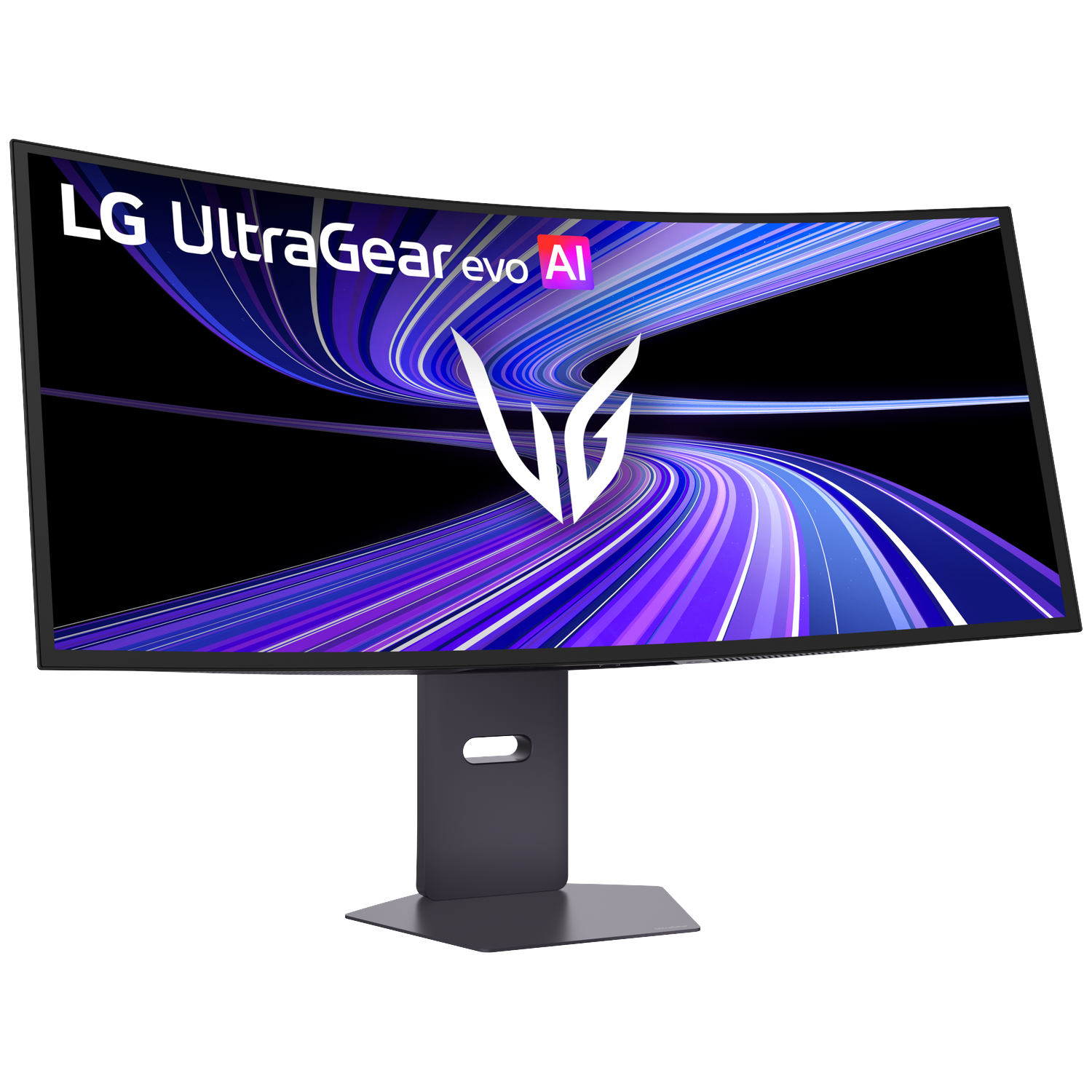 Een gebogen LG UltraGear monitor met een paarse en blauwe abstracte achtergrond.