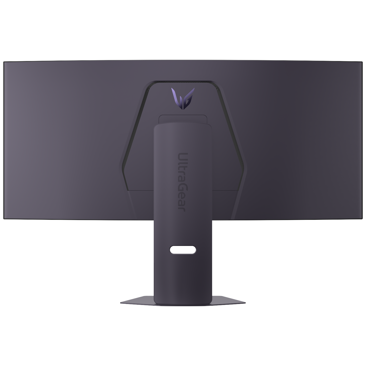 Achterkant van een donkergrijze monitor met standaard en logo.
