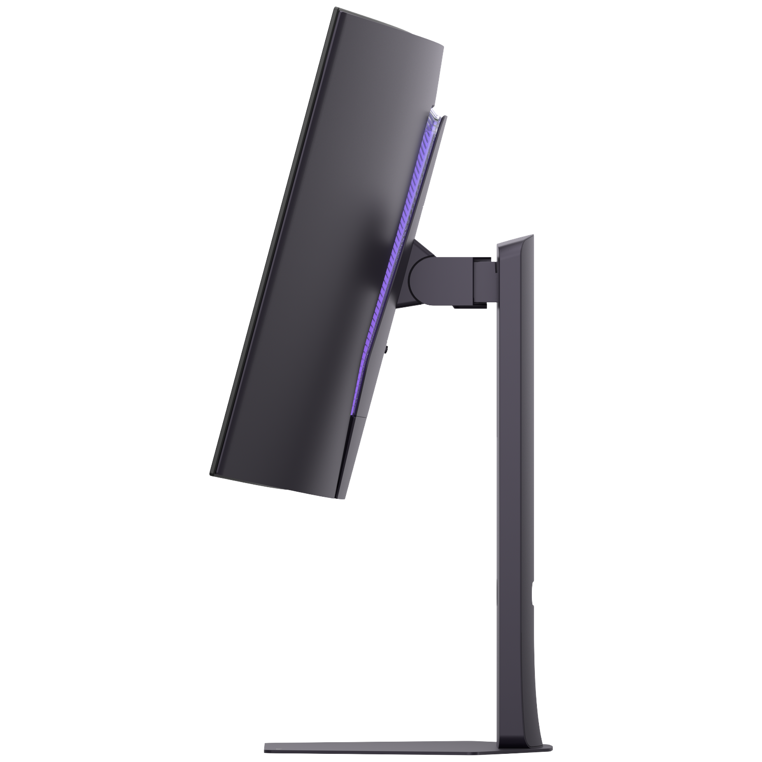 Een zwarte monitor met paarse accenten aan de achterkant, van de zijkant gezien.