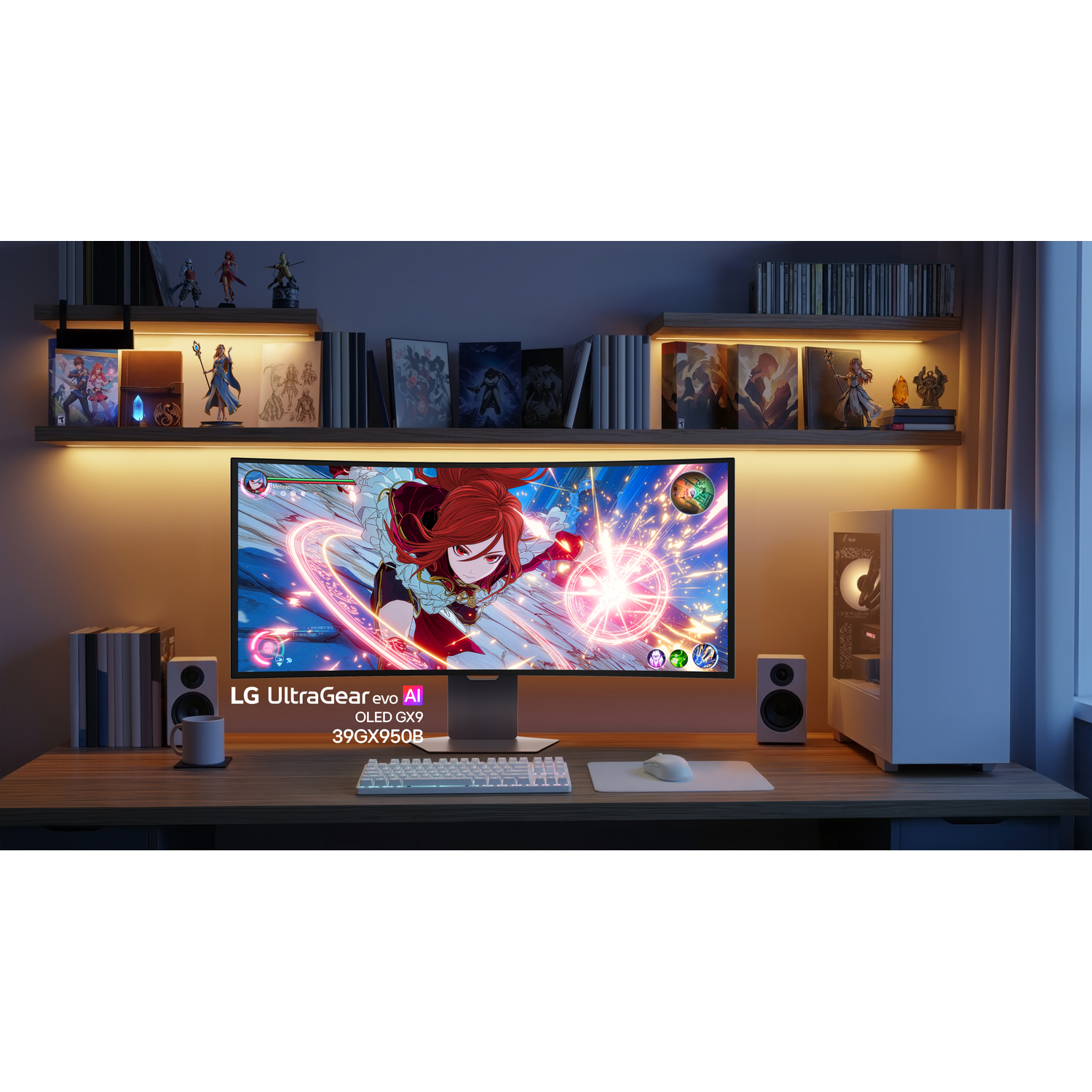 Een bureau-opstelling met een gebogen monitor die anime toont, luidsprekers, toetsenbord, muis en pc.