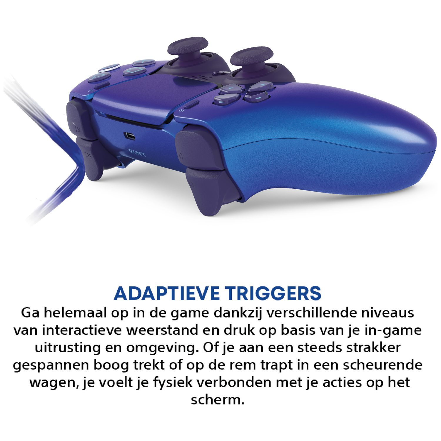 Een paarse en blauwe gaming controller met een kabel.