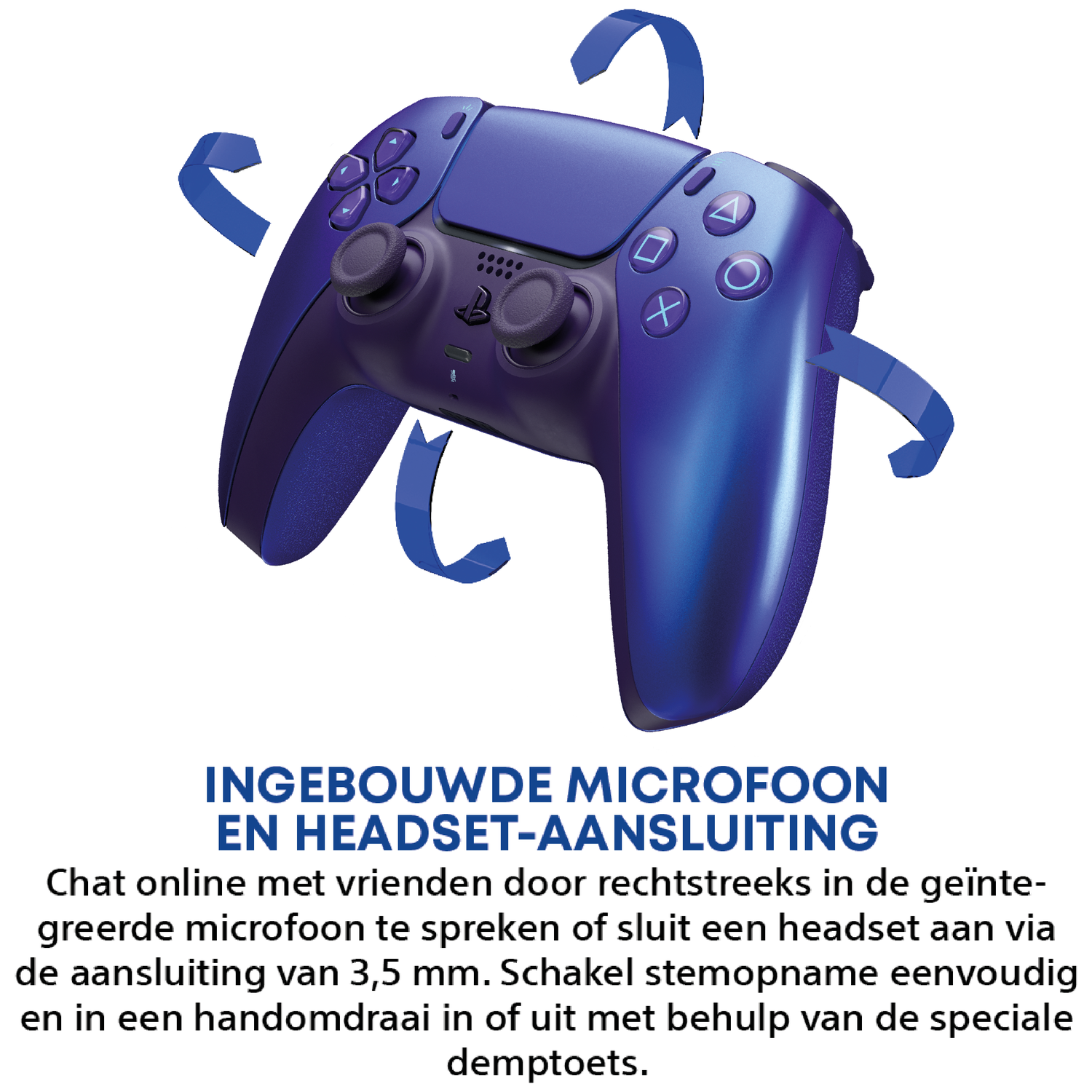 Een paarse gaming controller met blauwe pijlen die de functies aangeven.
