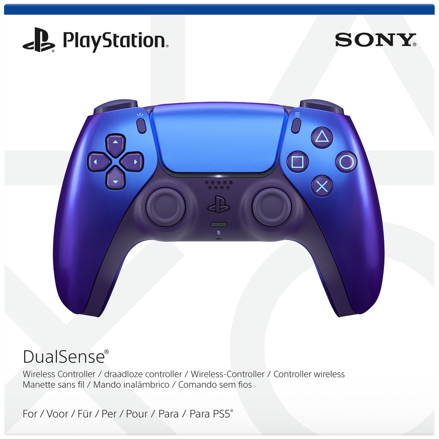 Een blauwe PlayStation DualSense controller met Sony en PlayStation logo's.