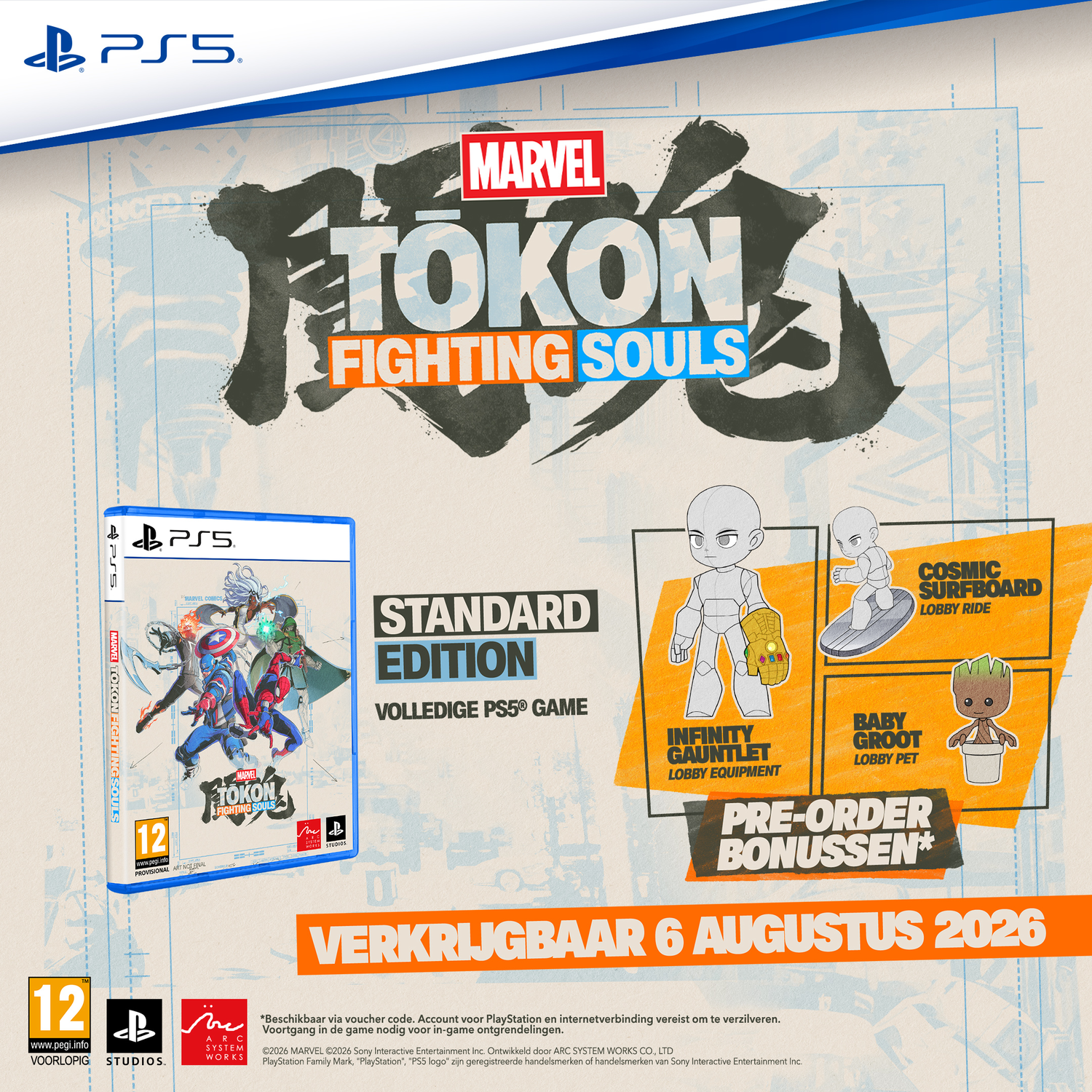 PlayStation 5 game cover for "Marvel's Tokon Fighting Souls" shows characters and bonuses.