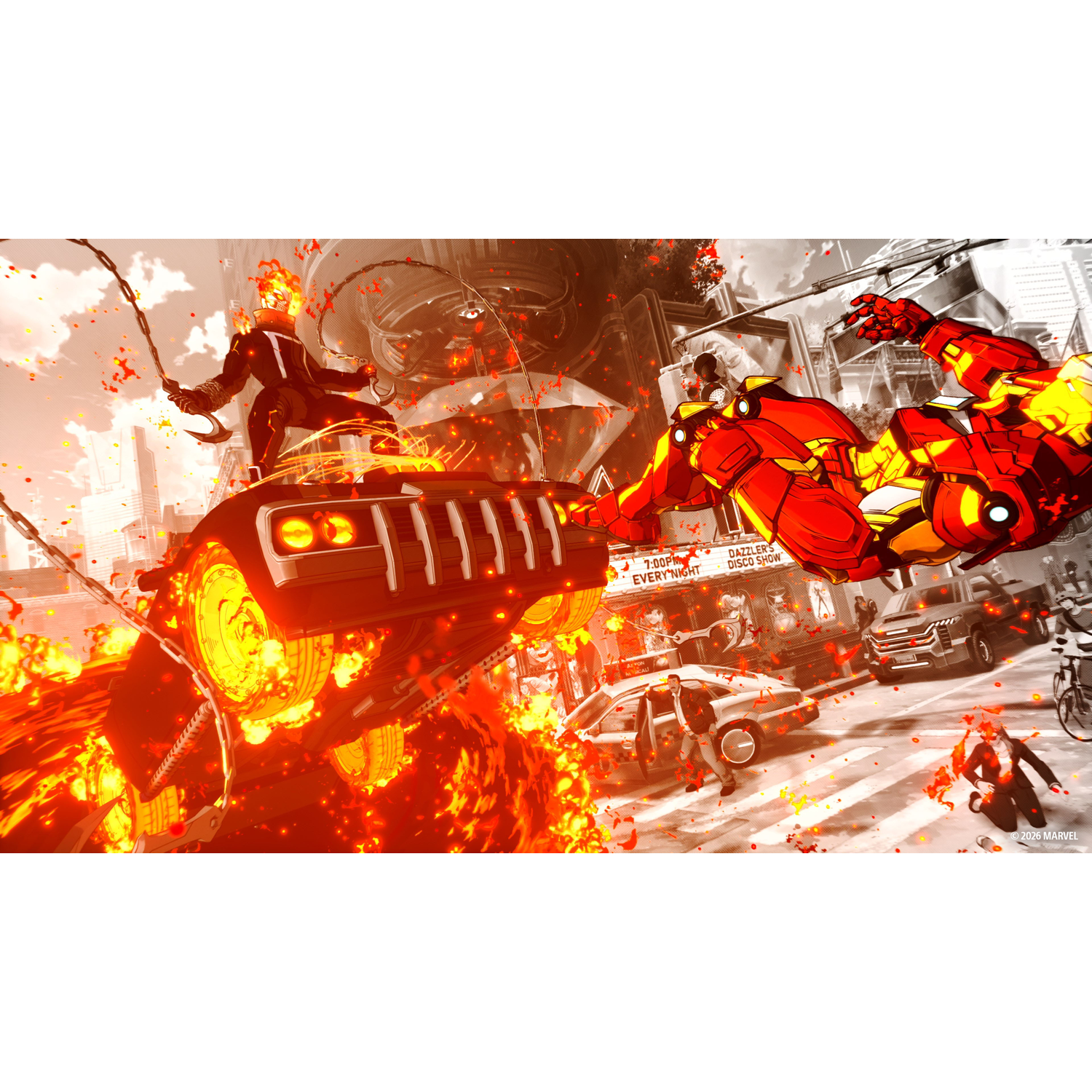 Ghost Rider on a flaming car battles Iron Man in a city street.