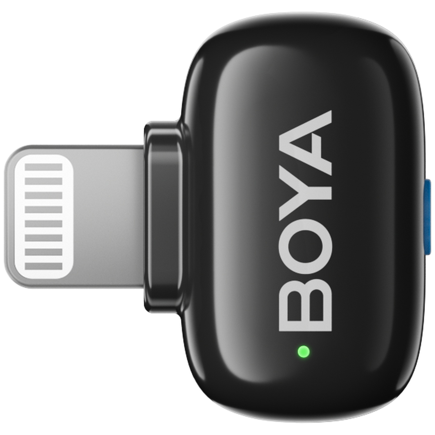 Zwarte BOYA microfoonadapter met Lightning-connector en groene LED.