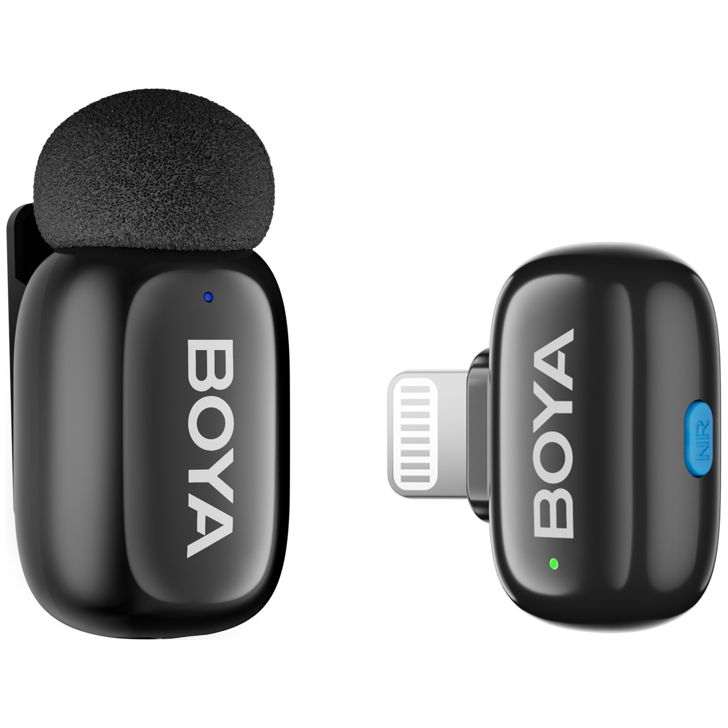 Twee zwarte Boya microfoons: één met windkap, de ander met Lightning connector.