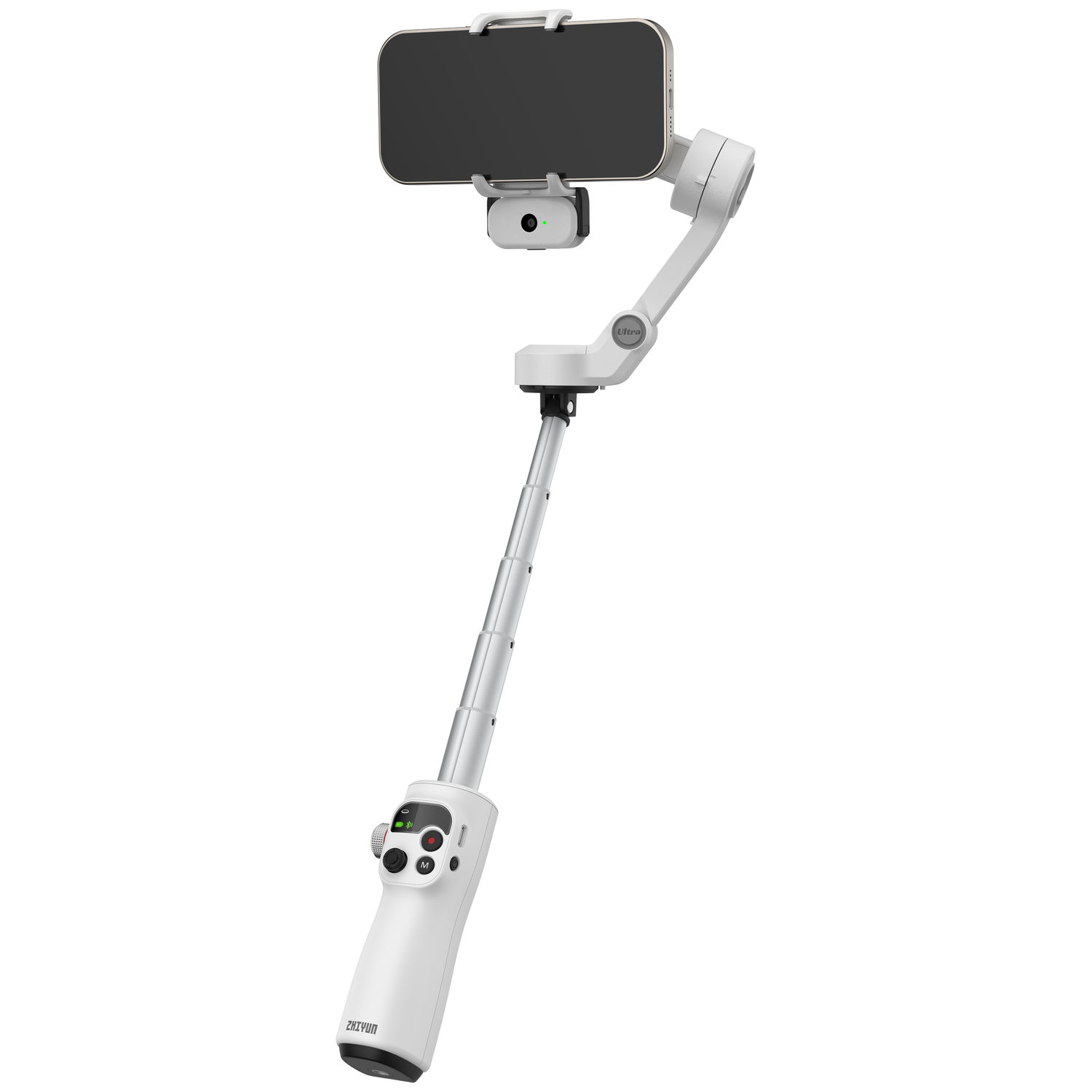 Een witte smartphone gimbal met uitschuifbaar handvat en bedieningselementen.