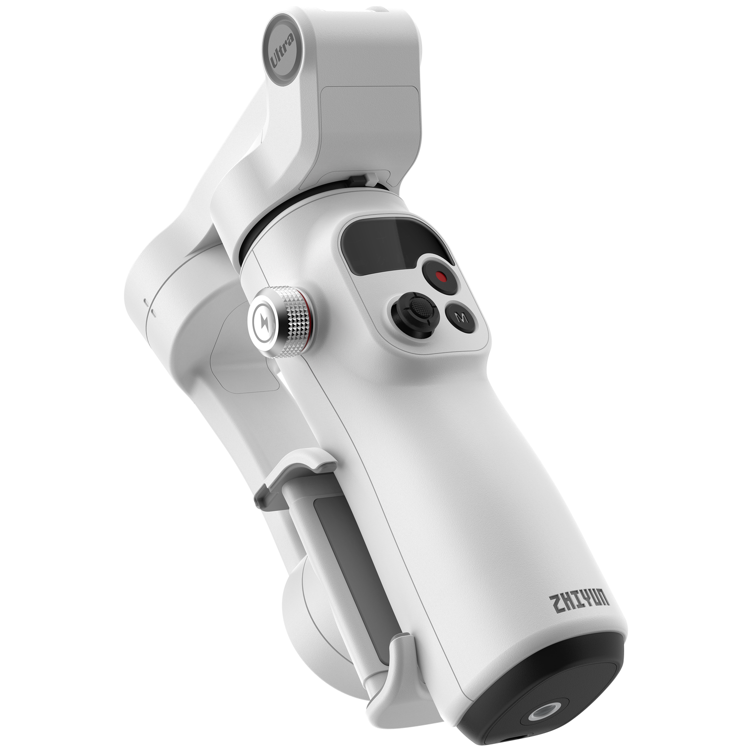 Een witte Zhiyun gimbal stabilizer met bedieningsknoppen en rode opnameknop.