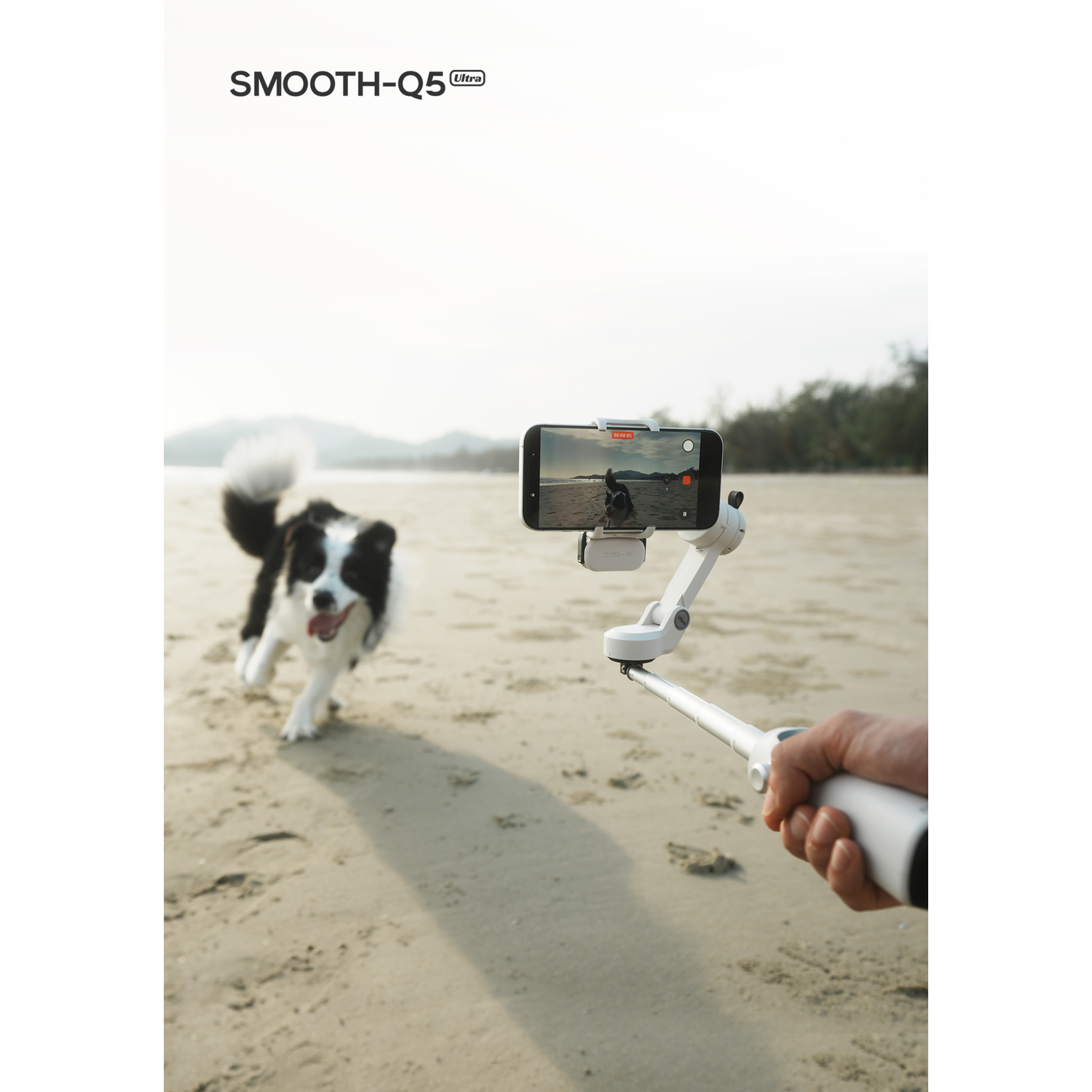 Een hond rent op een strand, gefilmd door een gimbal met telefoon. Tekst: SMOOTH-Q5 Ultra.