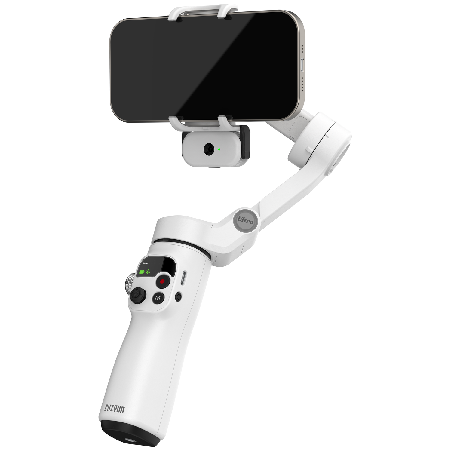 Een witte smartphone gimbal met zwart scherm en bedieningselementen.