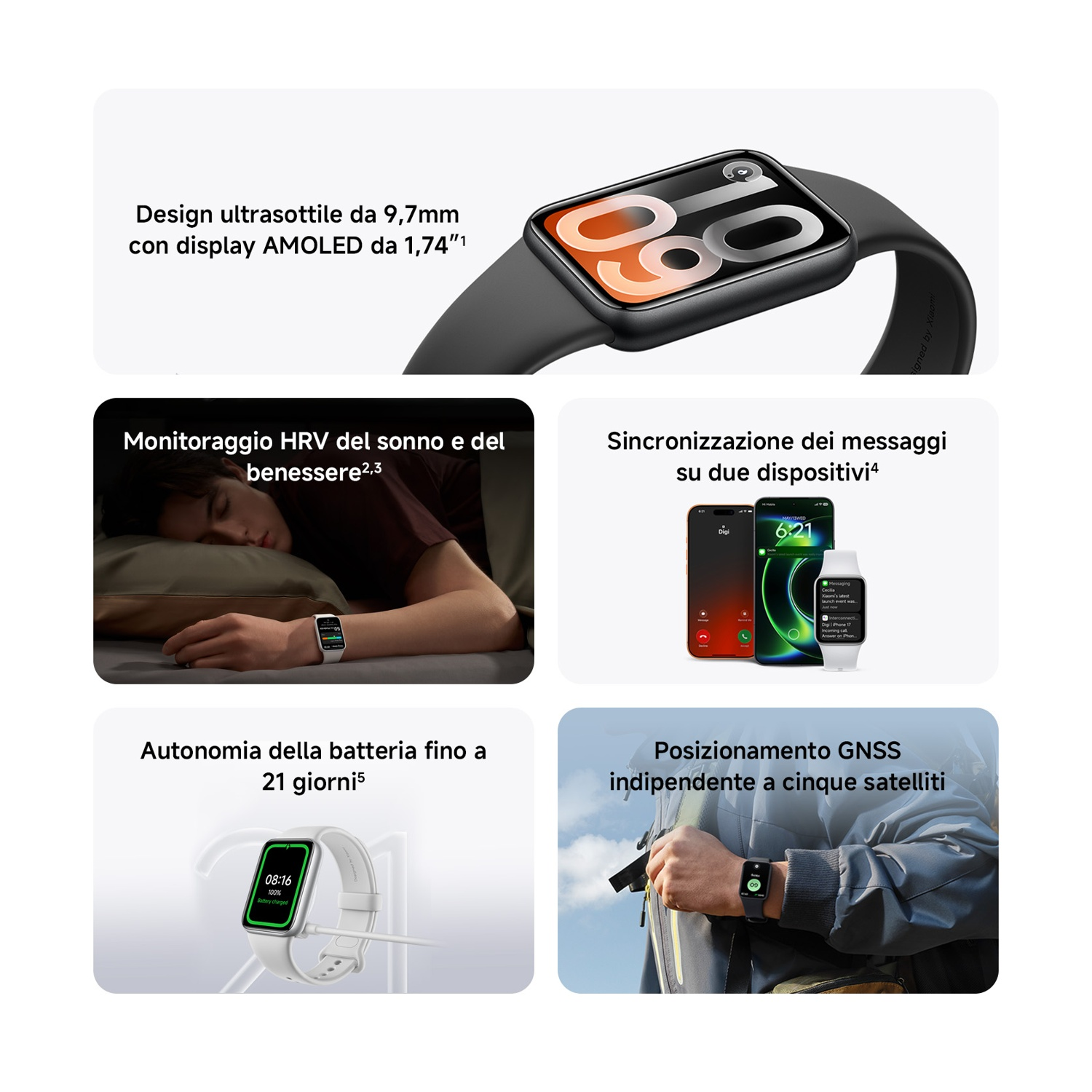 Collage di funzioni smartwatch: design sottile, monitoraggio sonno, sincronizzazione messaggi, autonomia, GNSS.