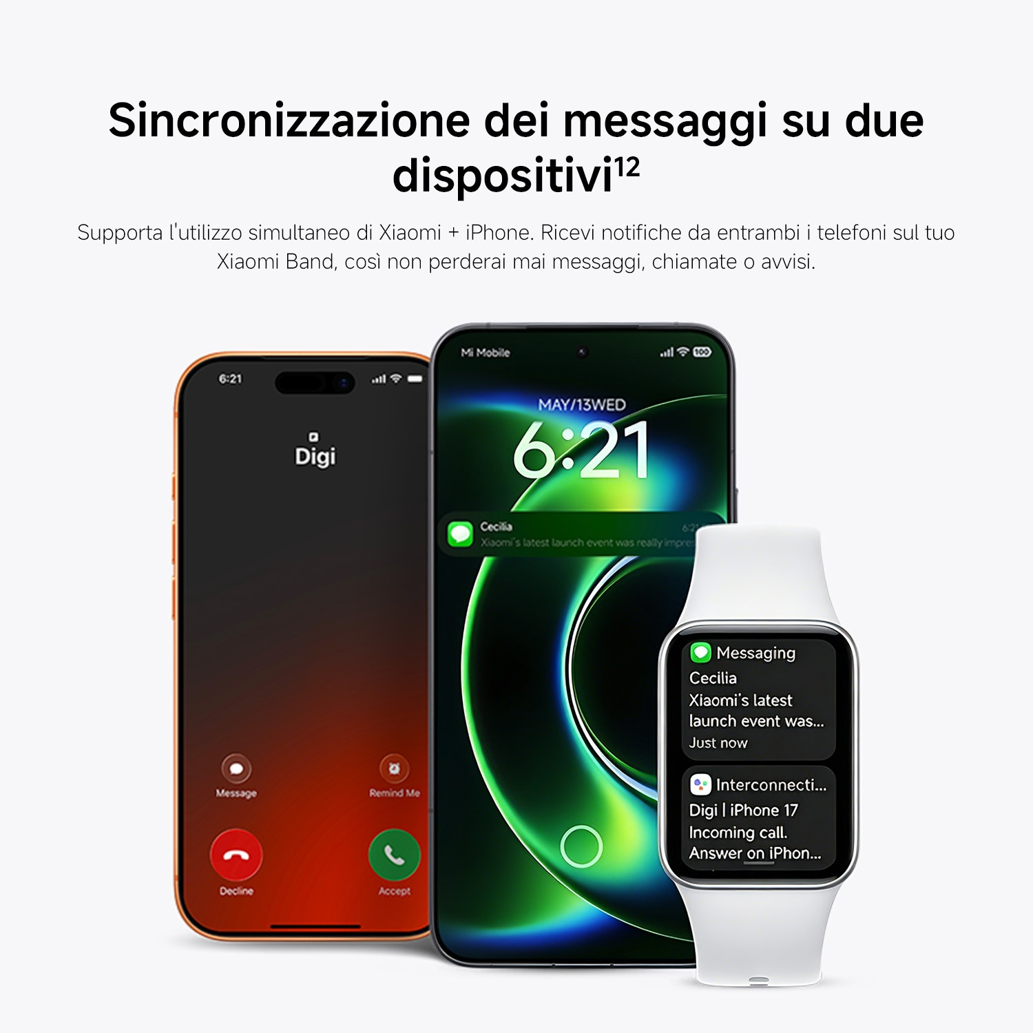 Un iPhone arancione, uno smartphone nero e uno smartwatch bianco mostrano notifiche.