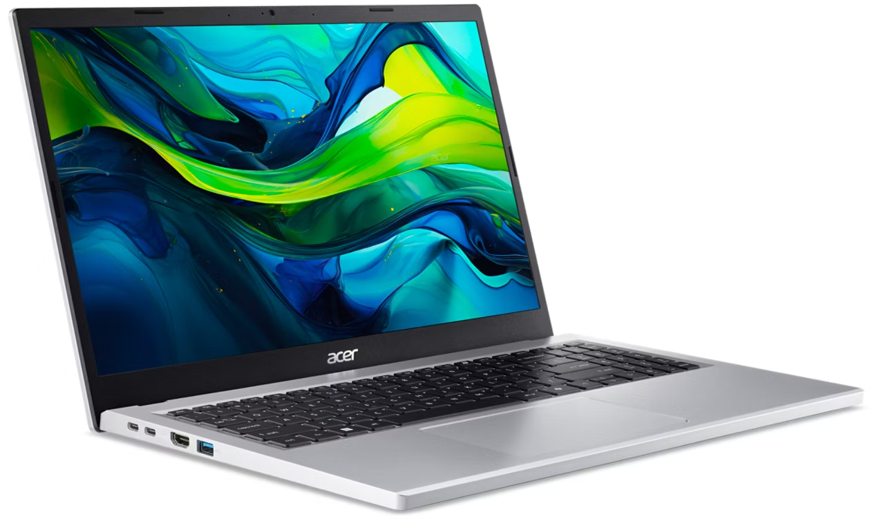 Egy nyitott ezüst laptop, absztrakt, színes háttérképpel a képernyőn.