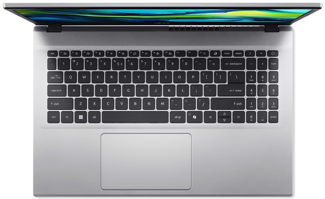 Ezüst laptop nyitott képernyővel, billentyűzettel.