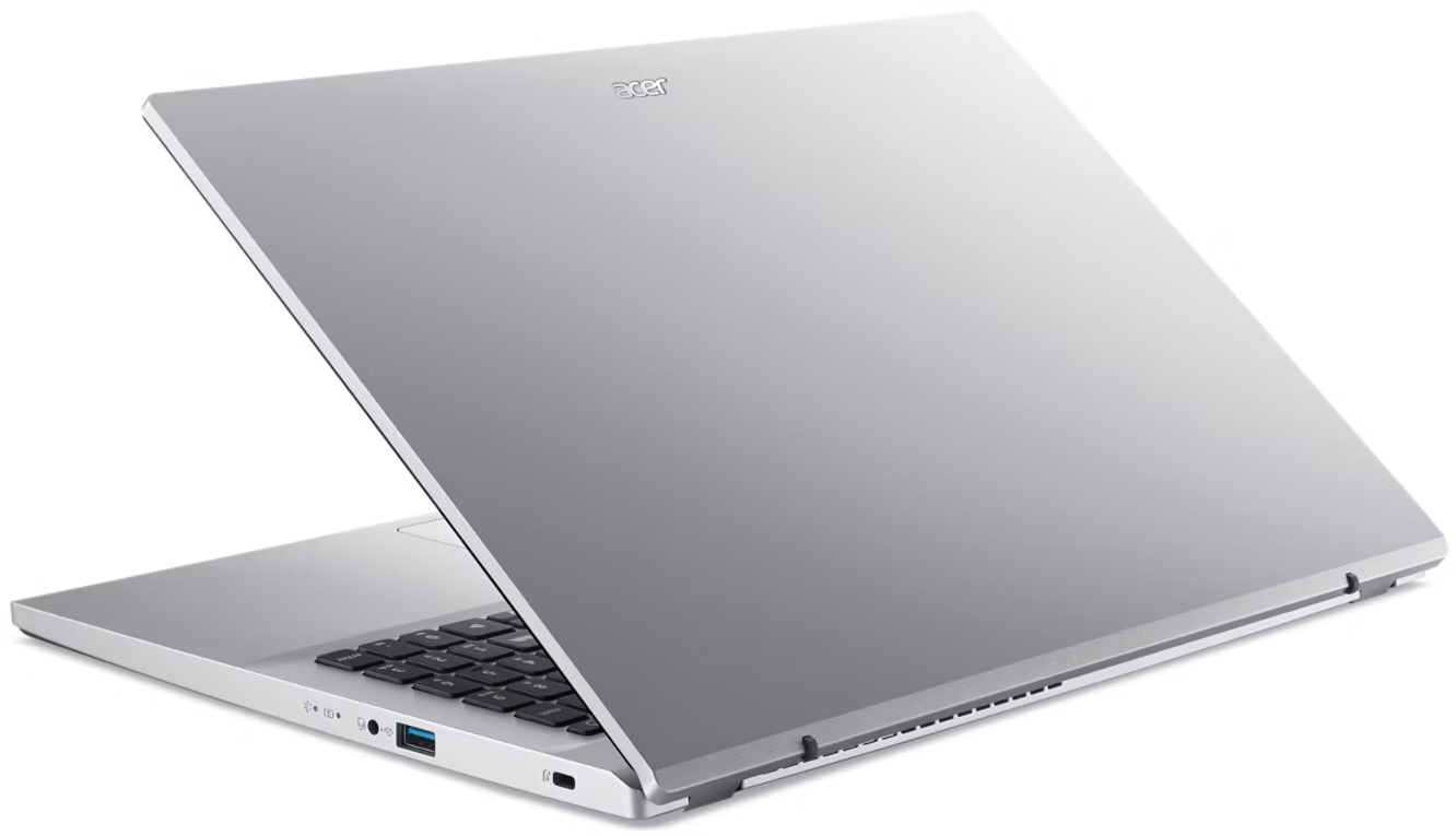 Egy ezüst színű Acer laptop nyitott képernyővel, amelyen a billentyűzet látszik.