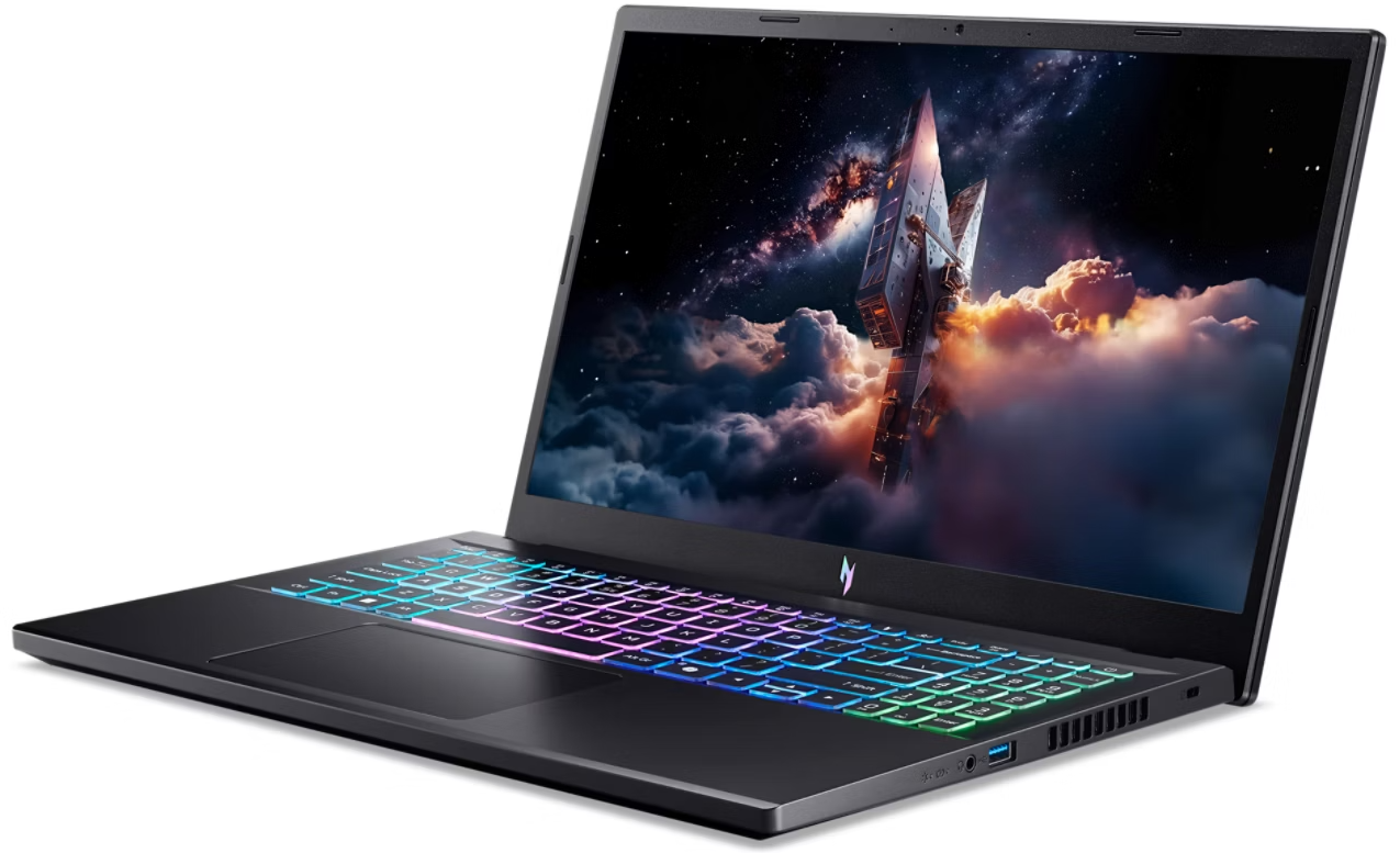 Fekete laptop világító billentyűzettel és űrbéli háttérképpel.