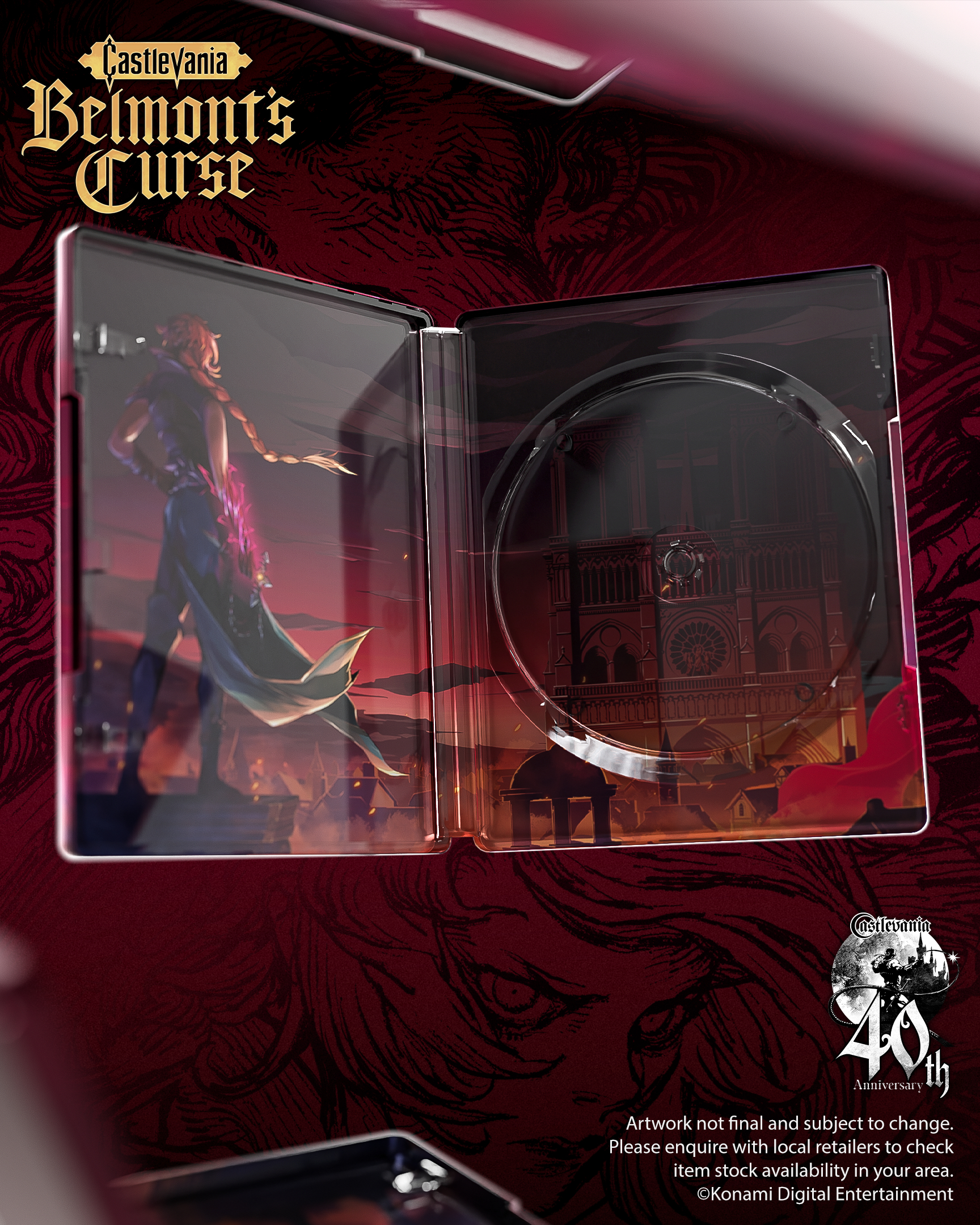 Castlevania Belmont's Curse Steelbook mit Artwork einer Frau und Notre Dame.