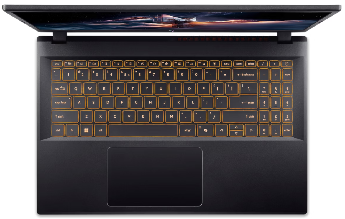 Egy nyitott fekete laptop világító billentyűzettel és űrtémájú háttérképpel.