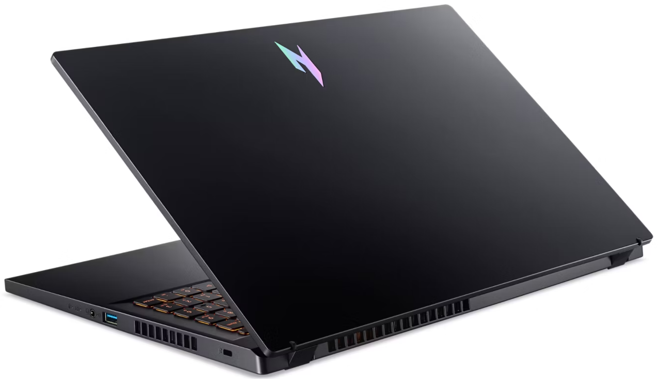 Fekete laptop világító billentyűzettel és logóval a fedélen.