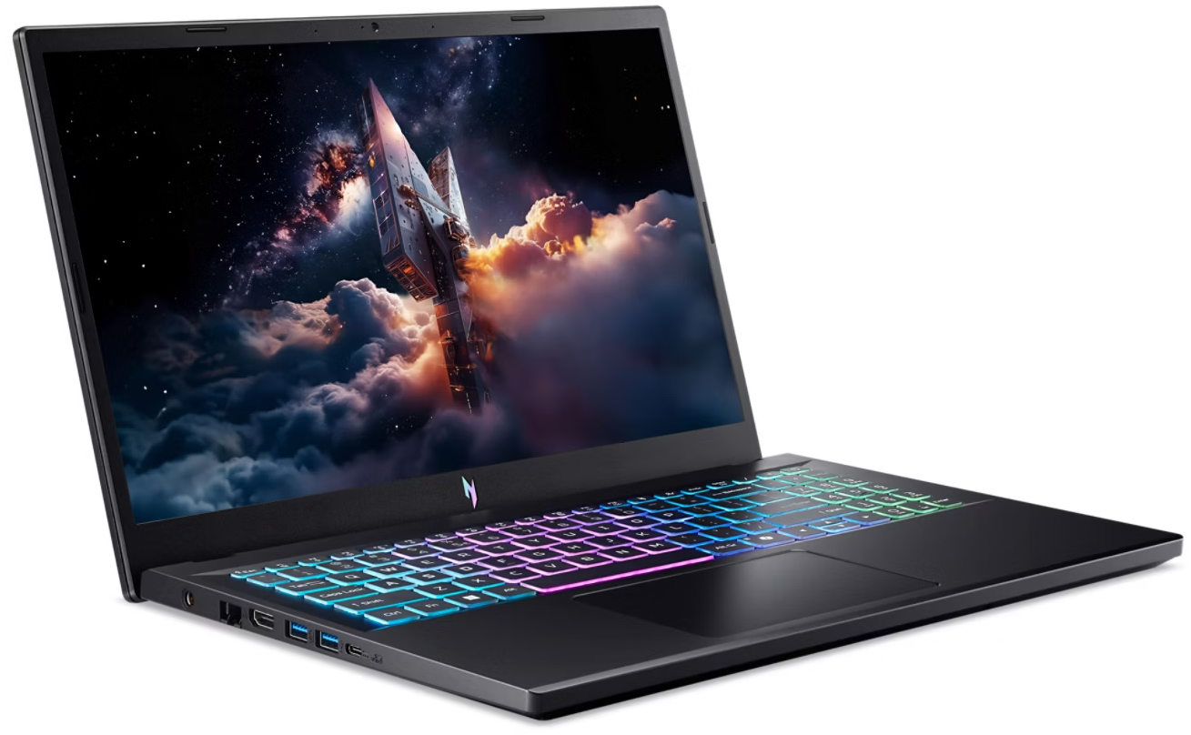 Fekete laptop űrhajós képpel a képernyőn, színes RGB billentyűzettel.