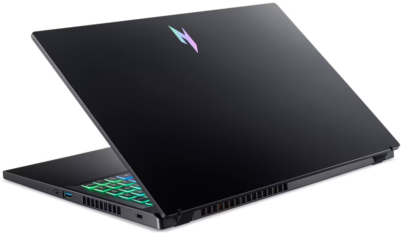 Fekete laptop világító billentyűzettel és logóval a fedélen.