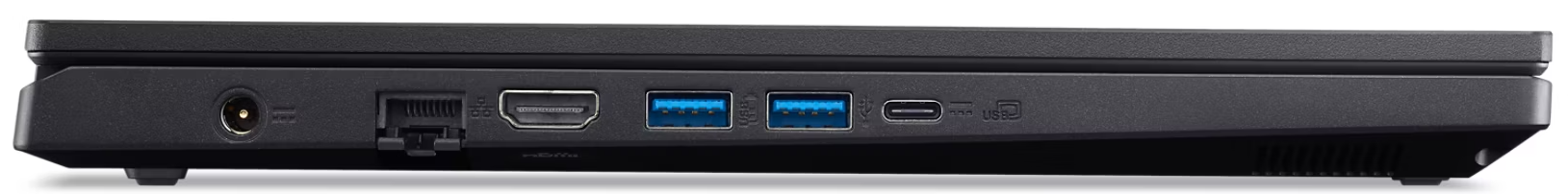 Fekete laptop oldalkép tápellátó, hálózati, HDMI, USB-A és USB-C portokkal.