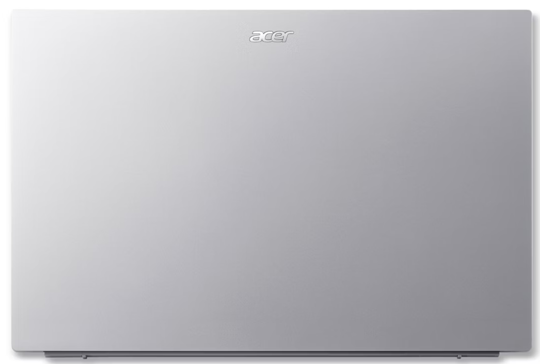 Zárt ezüst Acer laptop felülnézetből, középen logóval.