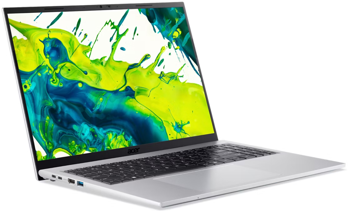Ezüst laptop színes, absztrakt fröccsent festmény háttérképpel a képernyőn.