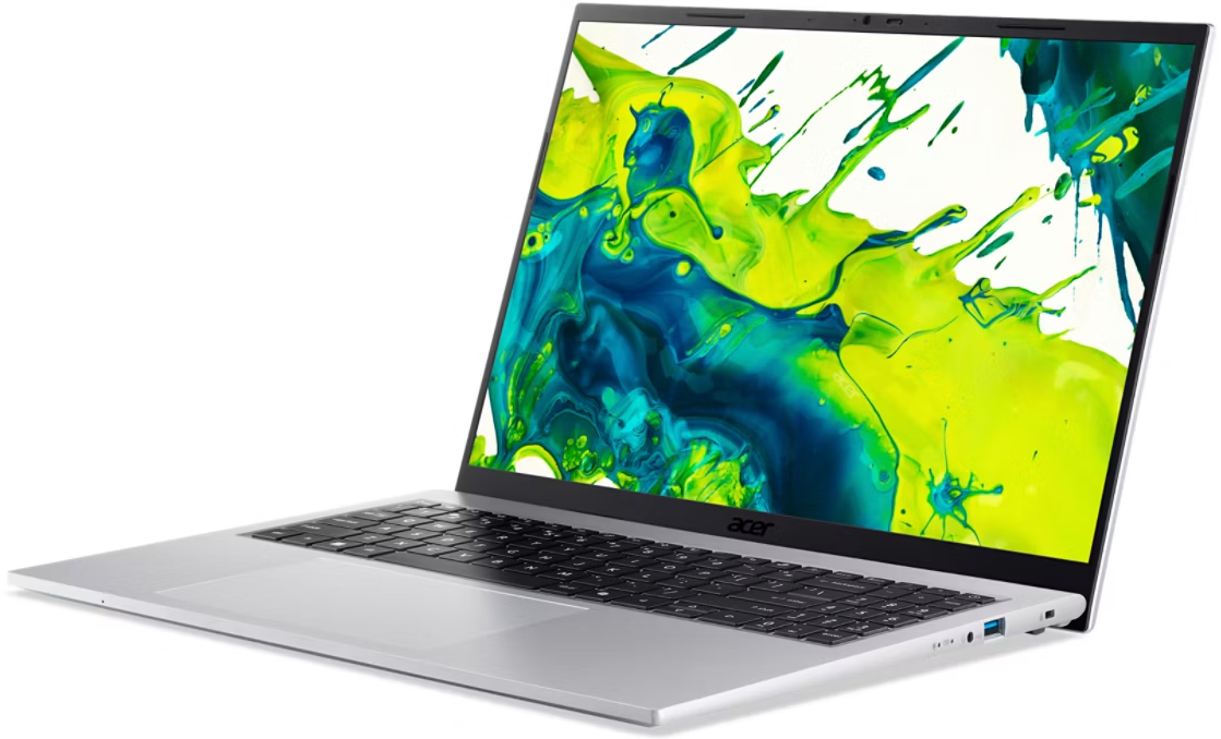 Egy nyitott ezüst laptop színes, absztrakt háttérképpel a képernyőn.