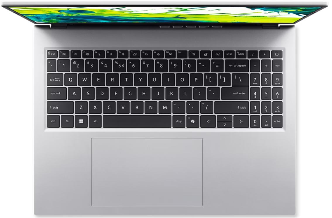 Egy nyitott laptop ezüst billentyűzettel és érintőpaddal. A képernyőn zöld és kék minták láthatók.