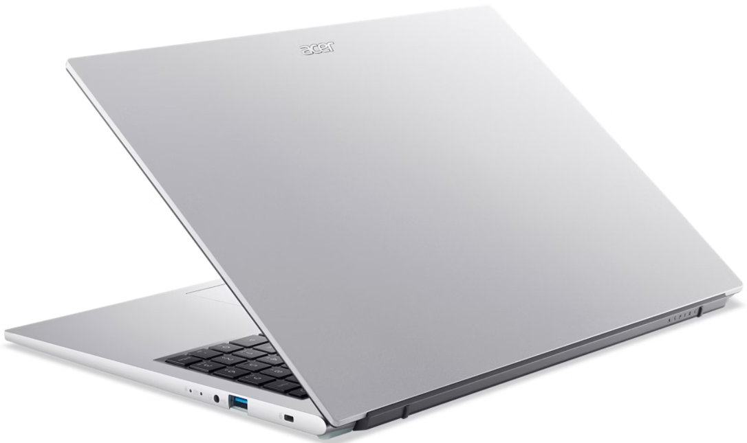 Ezüst Acer laptop nyitott fedéllel, fehér háttéren.