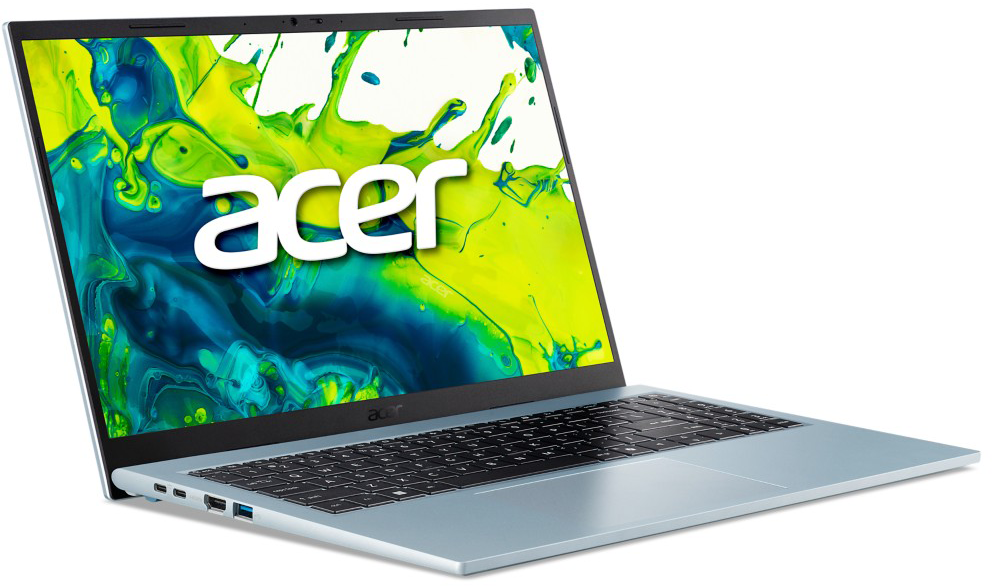Világoskék Acer laptop színes fröccsenő háttérrel a képernyőn.