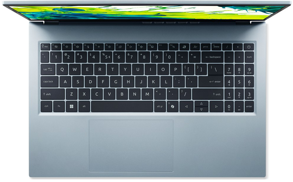 Világoskék laptop nyitott képernyővel, amely a billentyűzetet mutatja.