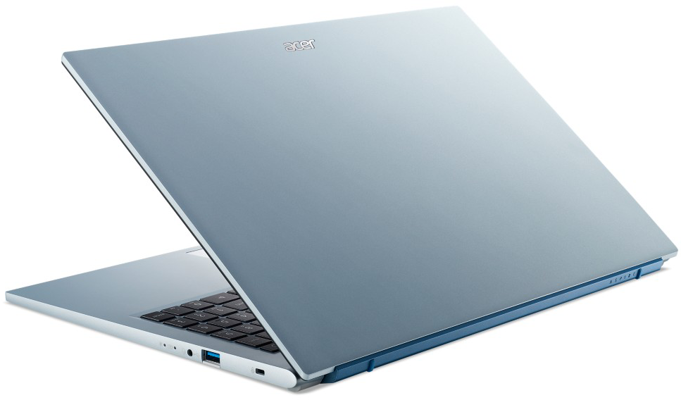 Világoskék Acer laptop billentyűzettel és portokkal, fehér háttéren.