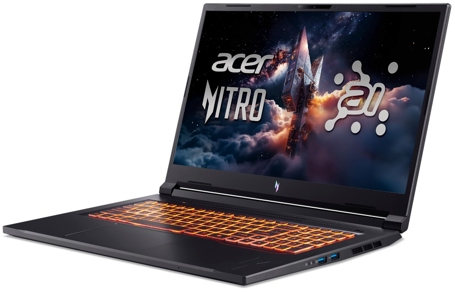 Fekete laptop világító billentyűzettel és űrtémájú háttérképpel.