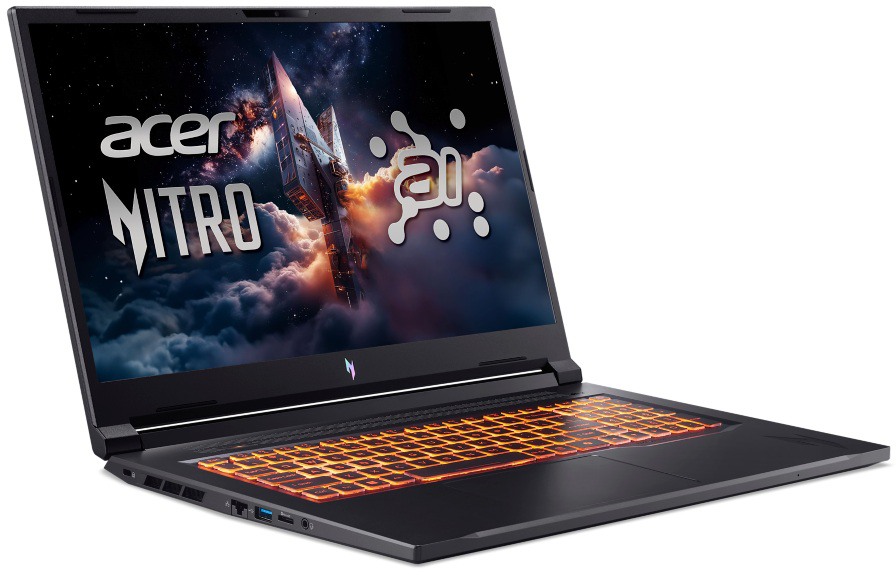 Acer Nitro laptop narancssárga világító billentyűzettel és űrjelenettel.