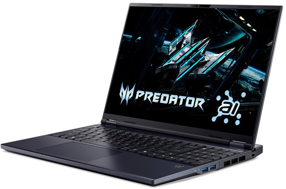 Egy sötét laptop nyitott képernyővel, Predator logót és AI grafikát jelenít meg.