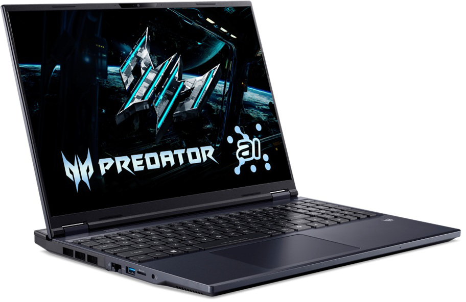 Sötét laptop Predator logóval és AI ikonnal a képernyőn.