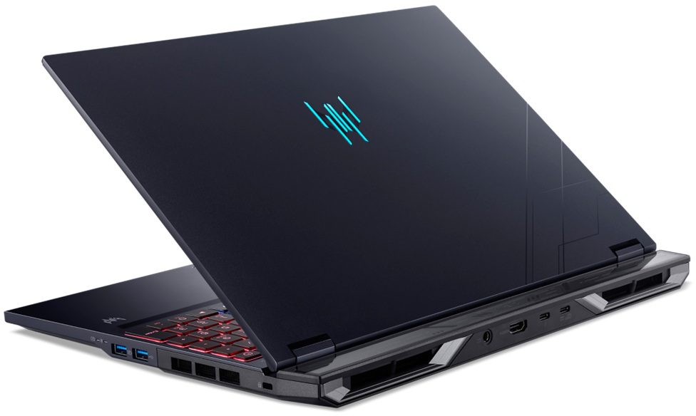 Sötétkék laptop világító billentyűzettel és logóval.